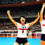 **

A dynamic action shot of the "Oriental Witches" (東洋の魔女), the Japanese women's volleyball team, celebrating their gold medal victory at the 1964 Tokyo Olympics. Depict a vintage-style Olympic volleyball match with a cheering Japanese crowd in the background. Focus on the team's joy and triumph.

**