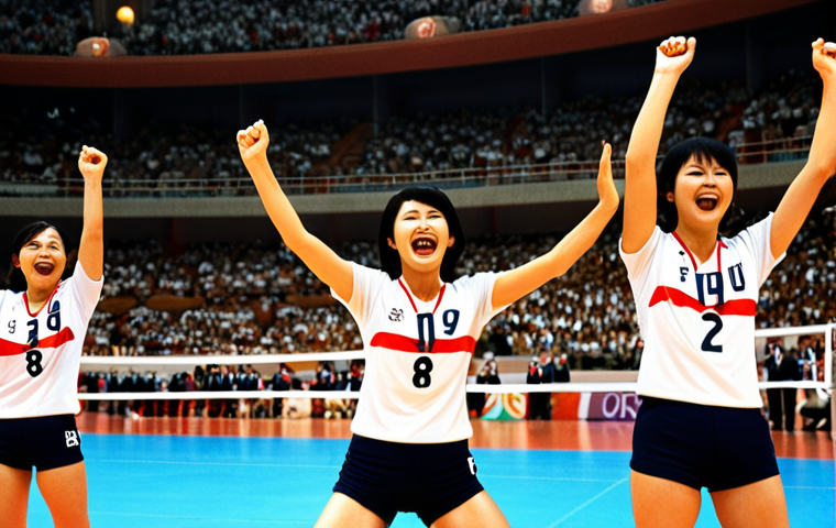 **

A dynamic action shot of the "Oriental Witches" (東洋の魔女), the Japanese women's volleyball team, celebrating their gold medal victory at the 1964 Tokyo Olympics. Depict a vintage-style Olympic volleyball match with a cheering Japanese crowd in the background. Focus on the team's joy and triumph.

**