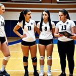 **

A volleyball team intensely focused during a timeout. Players are huddled close, some gesturing, while the coach points to a data chart displayed on a tablet. The setting is a brightly lit gymnasium. Emphasize a feeling of collaboration and strategic planning. Include the text "Data-Driven Strategy" as a subtle graphic element.

**