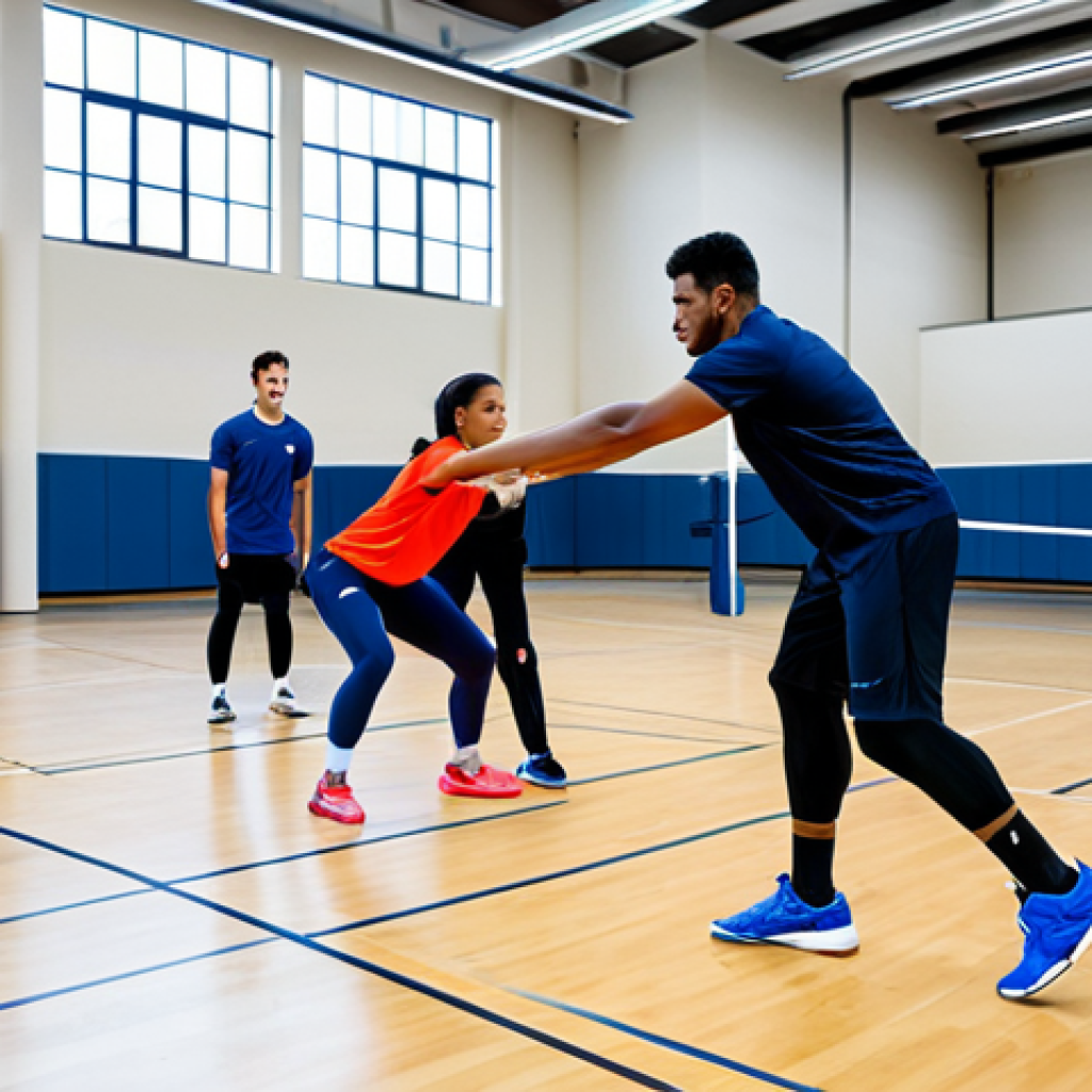 A diverse group of professional volleyball players, male and female, performing dynamic warm-up exercises on a brightly lit indoor volleyball court. One player executes high knees, another does arm circles, while a third focuses on a core-strengthening plank. All are fully clothed in modest, professional athletic wear, appropriate attire. The scene emphasizes movement, preparation, and body conditioning for injury prevention. The background shows clean court lines and professional sports equipment. Safe for work, appropriate content, fully clothed, professional, perfect anatomy, correct proportions, natural pose, well-formed hands, proper finger count, natural body proportions.