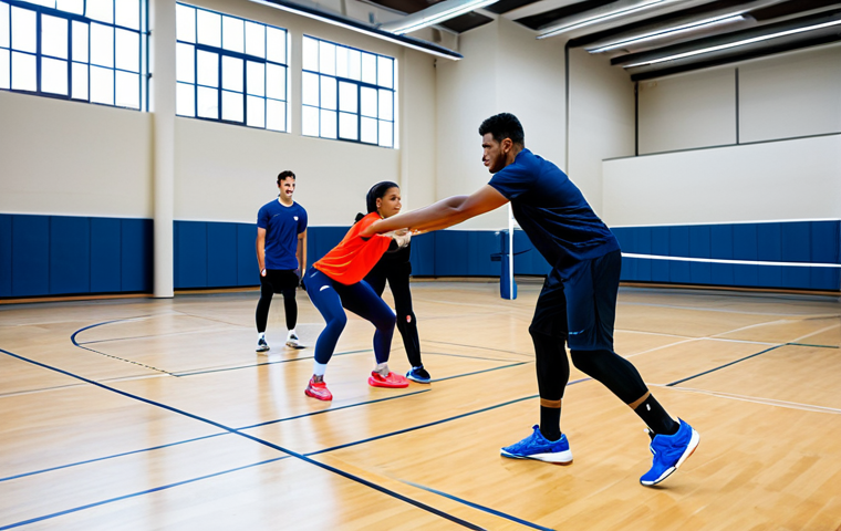 A diverse group of professional volleyball players, male and female, performing dynamic warm-up exercises on a brightly lit indoor volleyball court. One player executes high knees, another does arm circles, while a third focuses on a core-strengthening plank. All are fully clothed in modest, professional athletic wear, appropriate attire. The scene emphasizes movement, preparation, and body conditioning for injury prevention. The background shows clean court lines and professional sports equipment. Safe for work, appropriate content, fully clothed, professional, perfect anatomy, correct proportions, natural pose, well-formed hands, proper finger count, natural body proportions.