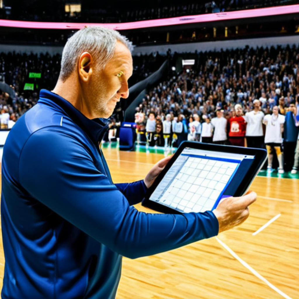 **

A volleyball coach intensely reviewing real-time player stats on a tablet during a timeout. Digital displays around the court show live game data. Players are fully clothed in athletic gear. Energetic stadium background filled with cheering fans. Safe for work, appropriate content, fully clothed, professional sports scene, perfect anatomy, natural proportions, high quality.

**