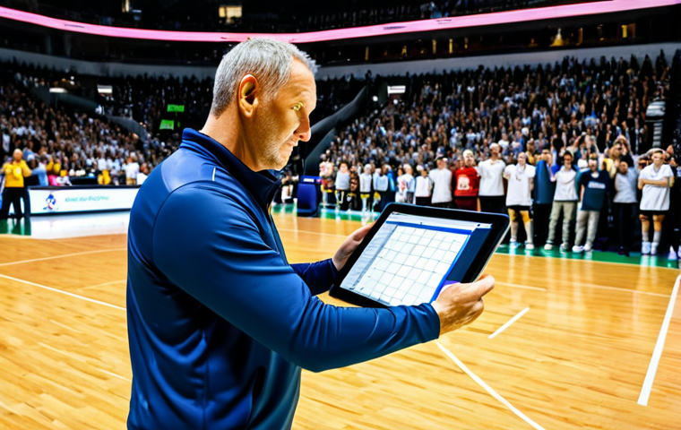 **

A volleyball coach intensely reviewing real-time player stats on a tablet during a timeout. Digital displays around the court show live game data. Players are fully clothed in athletic gear. Energetic stadium background filled with cheering fans. Safe for work, appropriate content, fully clothed, professional sports scene, perfect anatomy, natural proportions, high quality.

**