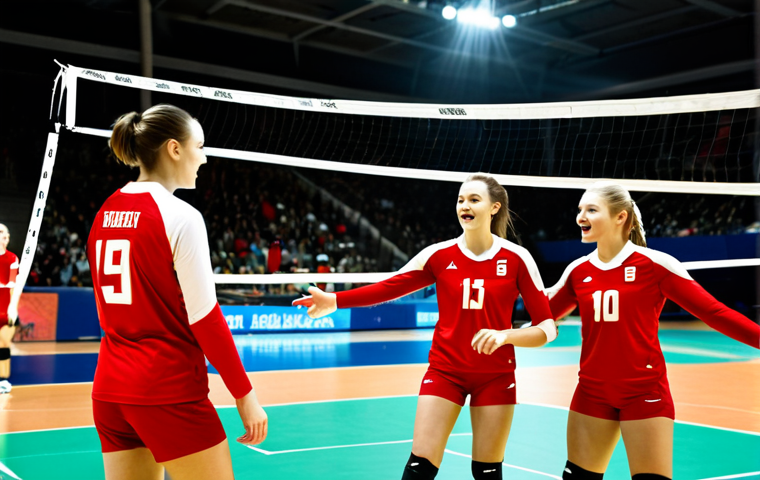 Dynamic Volleyball Team Action**

"A volleyball team of six players in action during a match, fully clothed in modern, stylish volleyball uniforms with a bold color scheme (e.g., red and gold). The uniforms feature a dynamic graphic design representing the team's spirit. The background shows a brightly lit indoor volleyball court with blurred spectators. Safe for work, appropriate content, professional sports photography, perfect anatomy, correct proportions, natural pose, well-formed hands, proper finger count, family-friendly, modest sportswear."

**