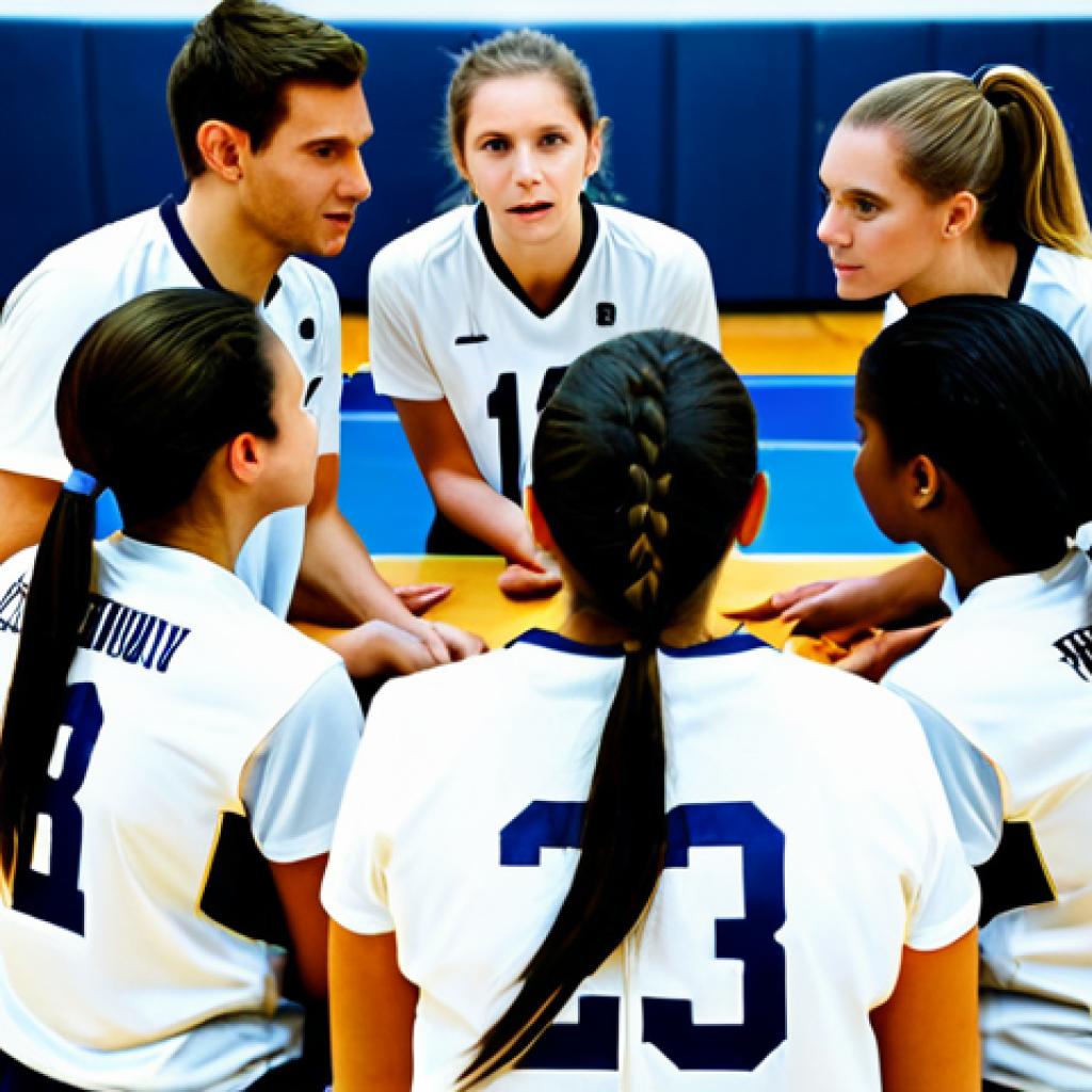Volleyball Team Huddle**

"A volleyball team of six players, fully clothed in professional athletic uniforms, huddling together during a timeout. They are in a bright, indoor gymnasium. The coach is giving instructions with a whiteboard visible in the background. Focus on team spirit and determination. Safe for work, appropriate content, fully clothed, perfect anatomy, correct proportions, natural pose, family-friendly, high-quality rendering."

**
