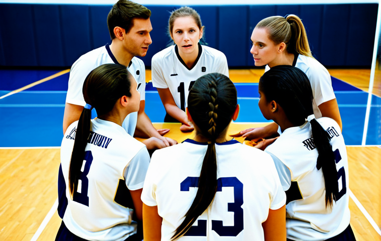 Volleyball Team Huddle**

"A volleyball team of six players, fully clothed in professional athletic uniforms, huddling together during a timeout. They are in a bright, indoor gymnasium. The coach is giving instructions with a whiteboard visible in the background. Focus on team spirit and determination. Safe for work, appropriate content, fully clothed, perfect anatomy, correct proportions, natural pose, family-friendly, high-quality rendering."

**