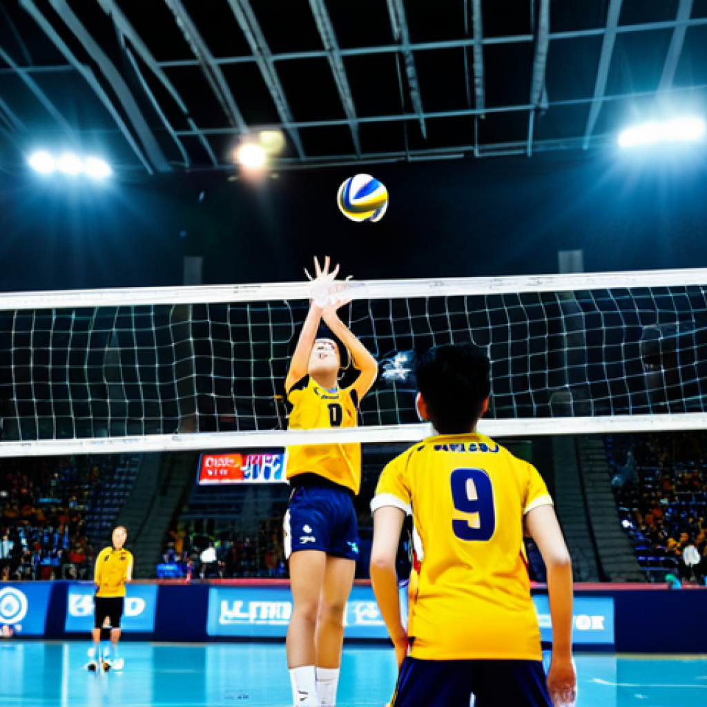 V-League Action**

"Dynamic shot of a V-League volleyball match. A young, rising star attacker, fully clothed in team uniform, spikes the ball powerfully over the net. A veteran player attempts a block with intense focus. Background: energetic crowd, stadium lights, vibrant team colors. Perfect anatomy, correct proportions, action shot, professional sports photography, safe for work, appropriate attire, family-friendly."

**