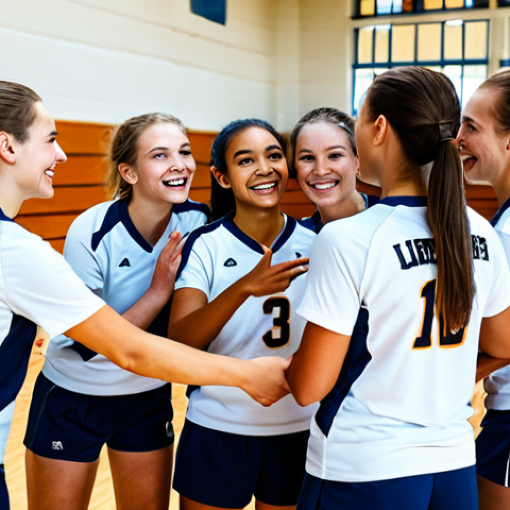 배구 경기에서의 팀워크 연습 - **Team Huddle, Positive Vibe:** Volleyball team huddled closely, faces showing determination and cam...