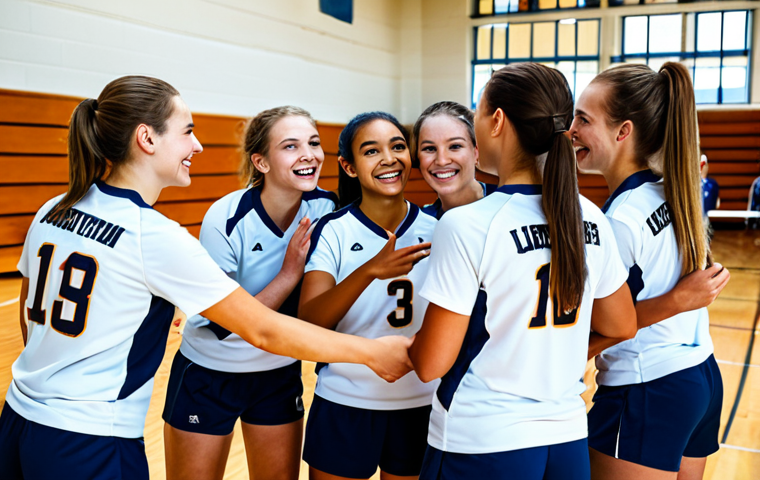 배구 경기에서의 팀워크 연습 - **Team Huddle, Positive Vibe:** Volleyball team huddled closely, faces showing determination and cam...
