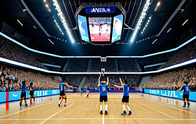 배구 경기에 적합한 장소 - Volleyball Arena Excitement**

"A vibrant volleyball arena filled with cheering fans, fully clothed,...