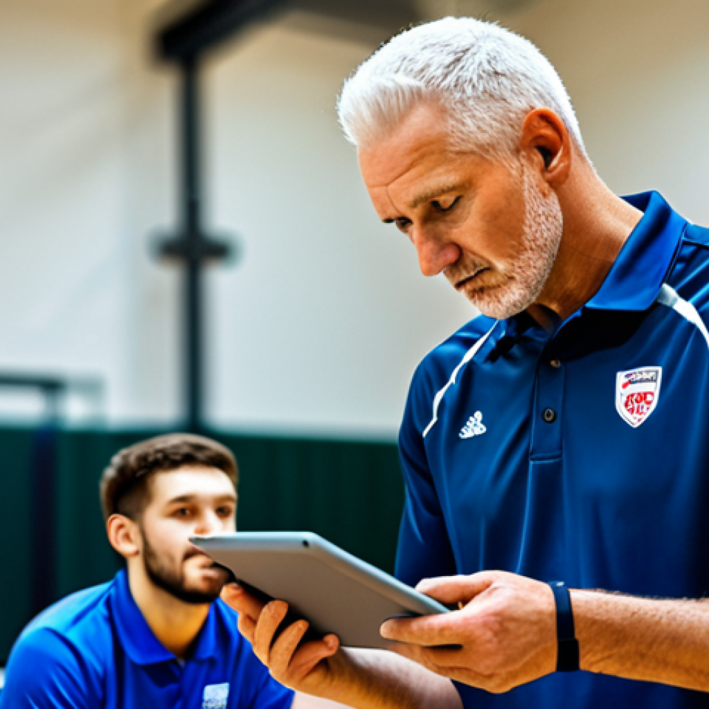 배구 전술 분석 도구 - **Prompt:** A volleyball coach analyzing data on a tablet during a match, focused expression, modern...
