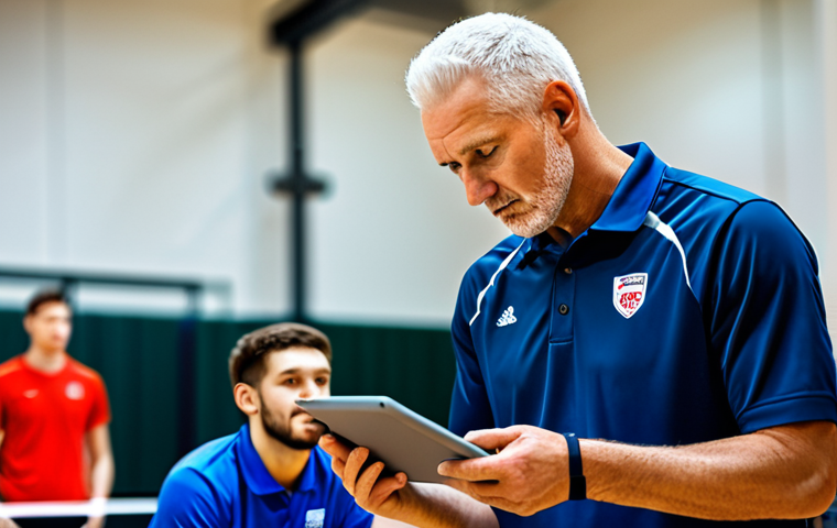 배구 전술 분석 도구 - **Prompt:** A volleyball coach analyzing data on a tablet during a match, focused expression, modern...