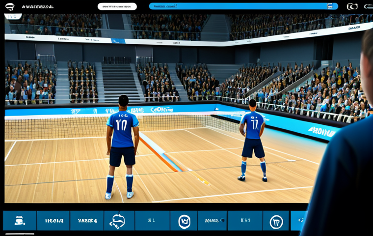 배구 전술 분석 도구 - **Prompt:** Volleyball players in action, one spiking, others blocking, data visualization overlay (... 배구 전술 분석 도구 - **Prompt:** Volleyball players in action, one spiking, others blocking, data visualization overlay (...