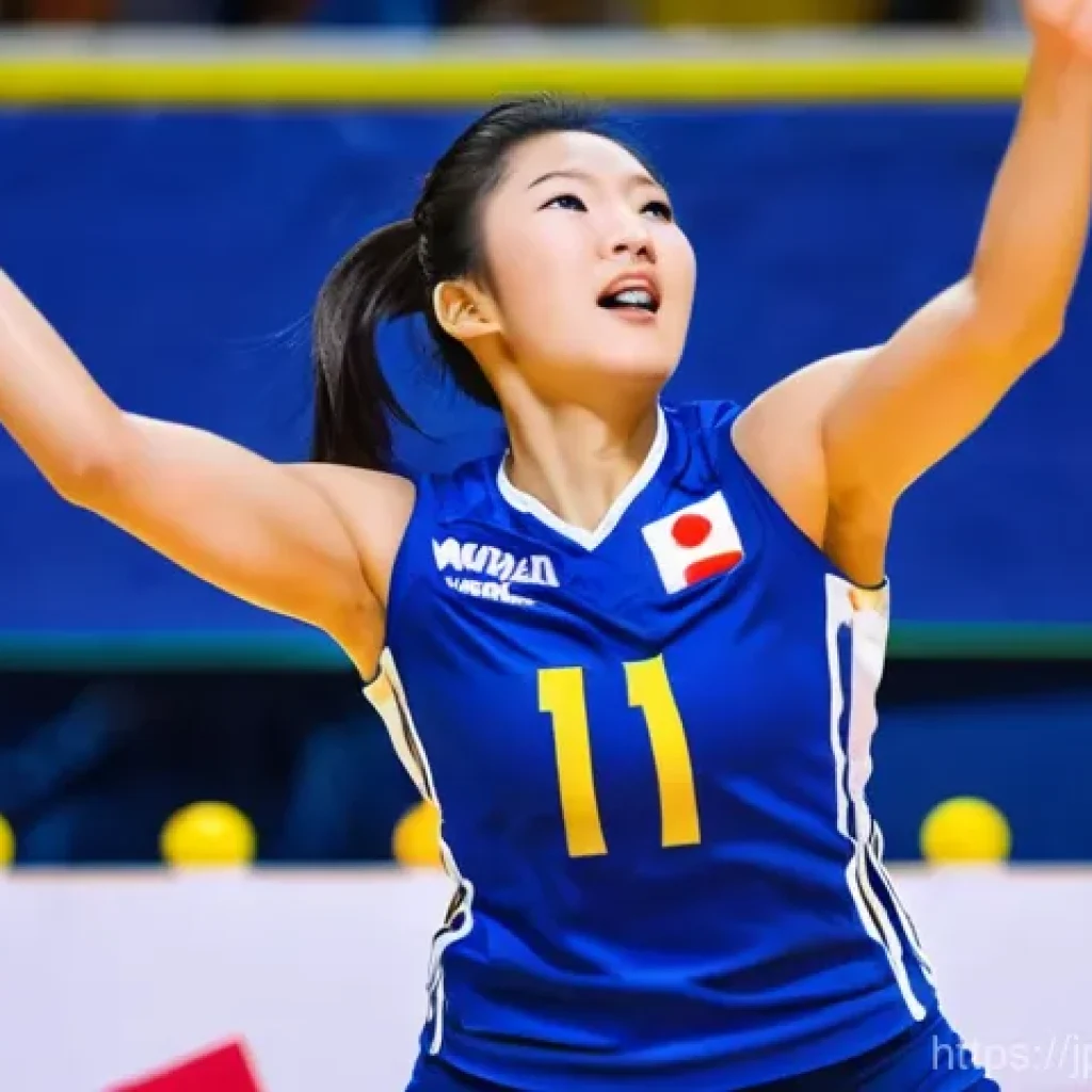 배구의 인기 상승 이유 - **Dynamic Star Player's Attack:**
    An athletic Japanese female volleyball player, mid-air, powerf...