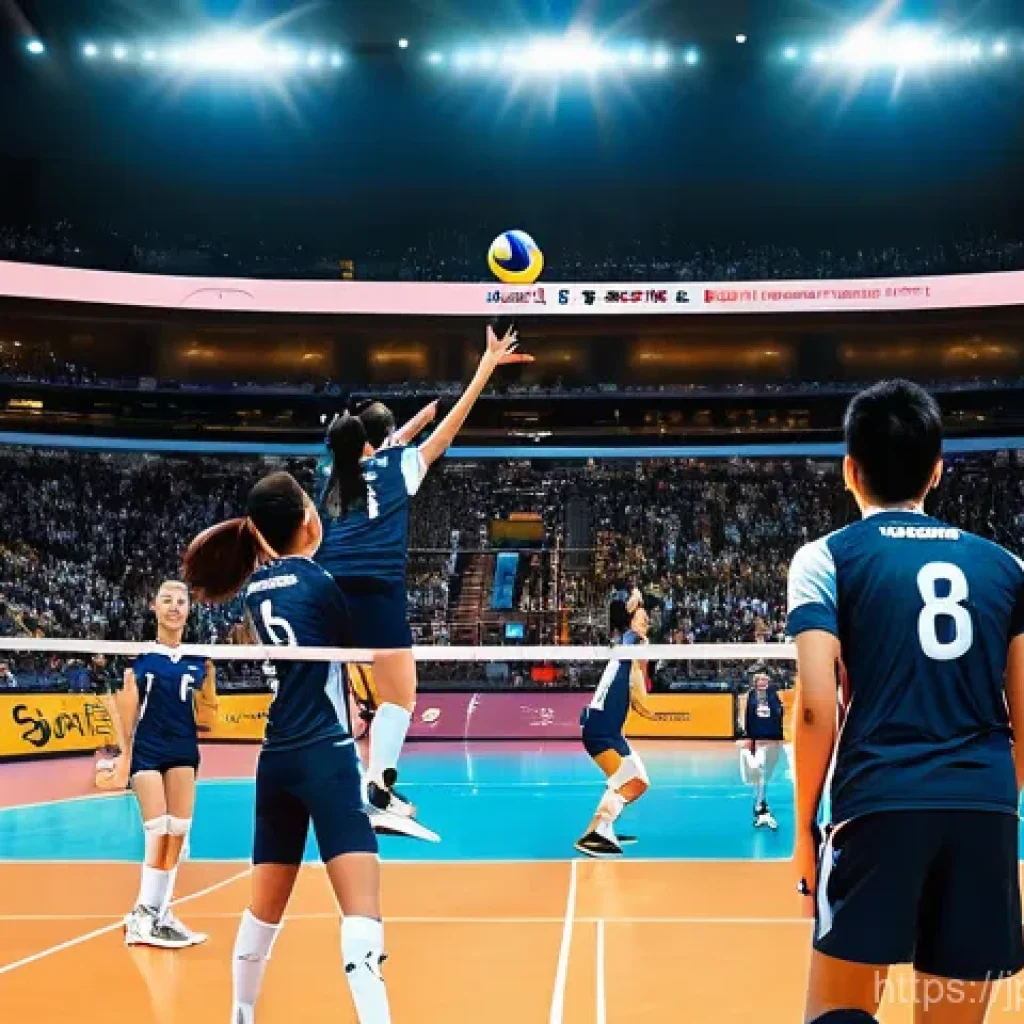 배구 리그 순위 업데이트 - "A dynamic, high-energy indoor V.LEAGUE volleyball match at its peak. Players are mid-action, captur...