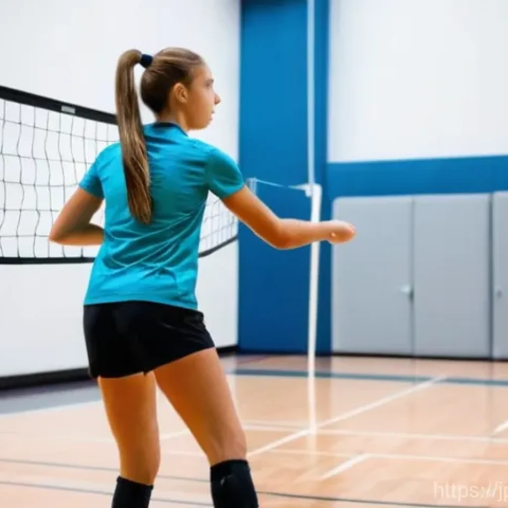 배구 트레이닝을 위한 홈 장비 - **Indoor Volleyball Pass Practice with Rebound Net**
    "A determined young female volleyball playe...