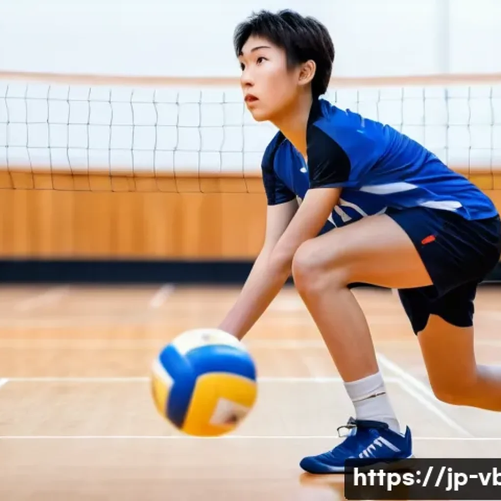 배구 초보자가 알아야 할 팁 - A young Japanese volleyball player in proper defensive stance on an indoor court, wearing a blue spo...