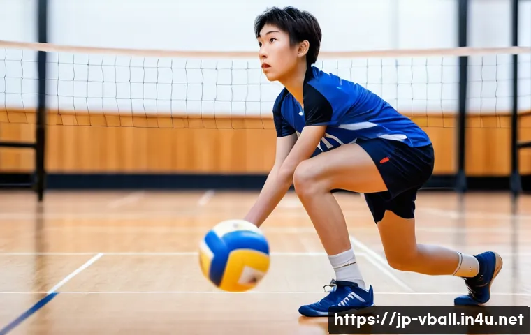 배구 초보자가 알아야 할 팁 - A young Japanese volleyball player in proper defensive stance on an indoor court, wearing a blue spo...