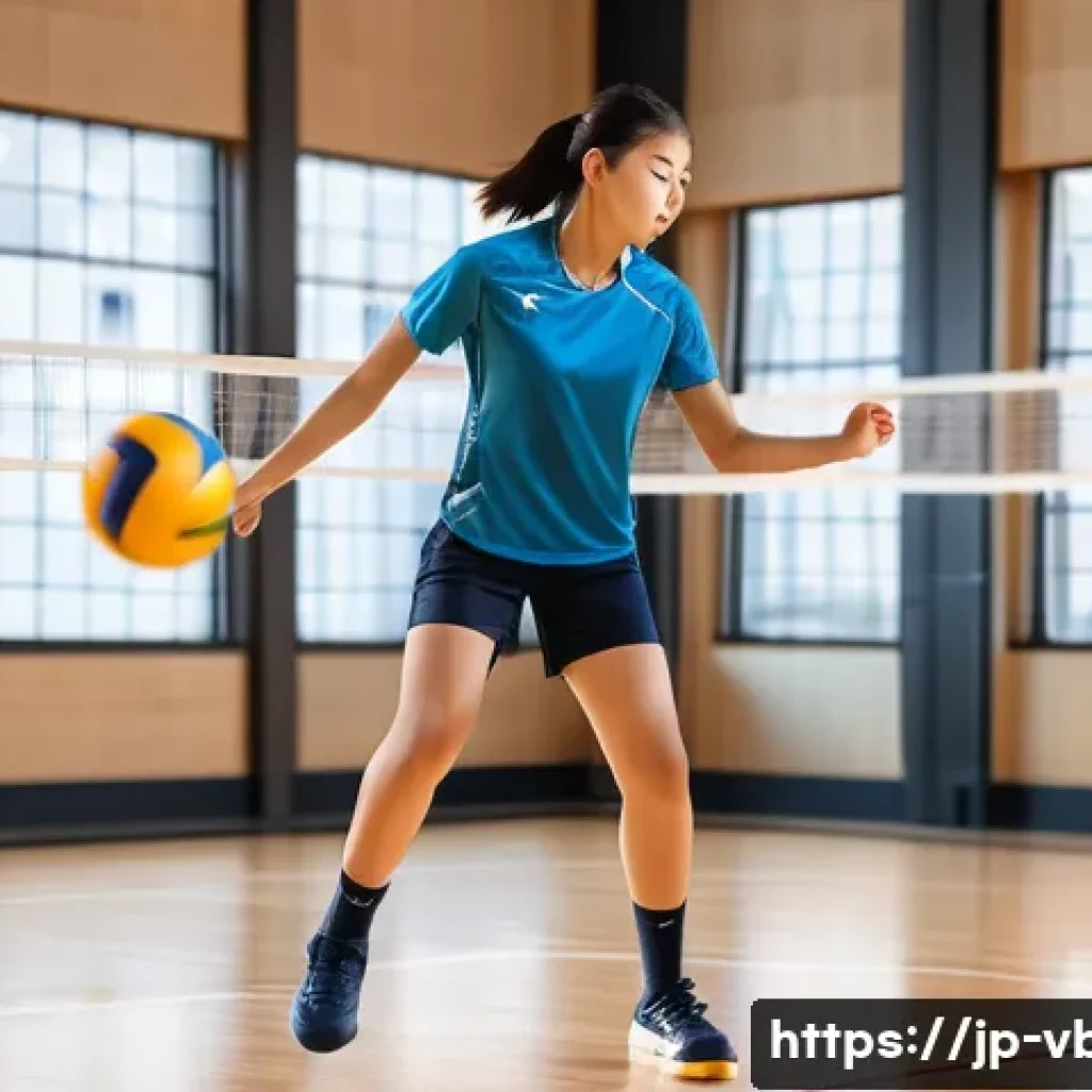 배구 초보를 위한 비디오 강좌 - A detailed scene of a young Japanese volleyball player practicing basic volleyball posture and footw...