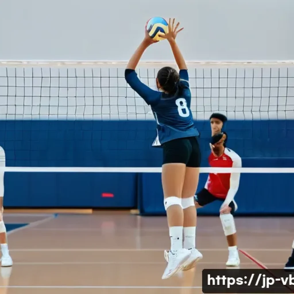배구 훈련 비디오 분석 도구 - A detailed scene of a volleyball player practicing indoors, wearing appropriate sportswear including...