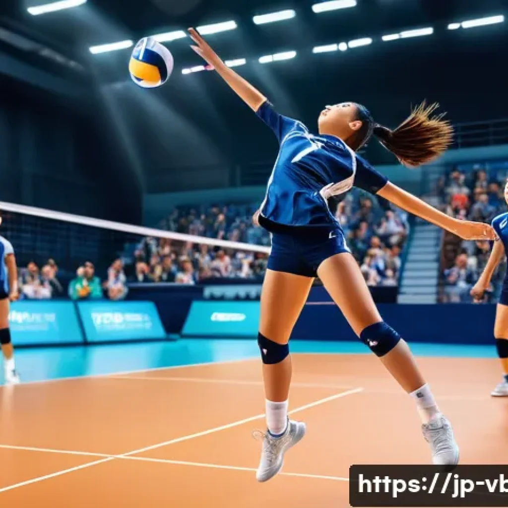 배구 서브의 종류 - A dynamic volleyball scene featuring a young Japanese female athlete performing a powerful jump serv...