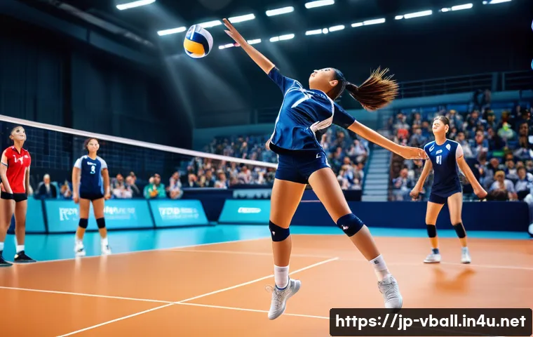배구 서브의 종류 - A dynamic volleyball scene featuring a young Japanese female athlete performing a powerful jump serv...