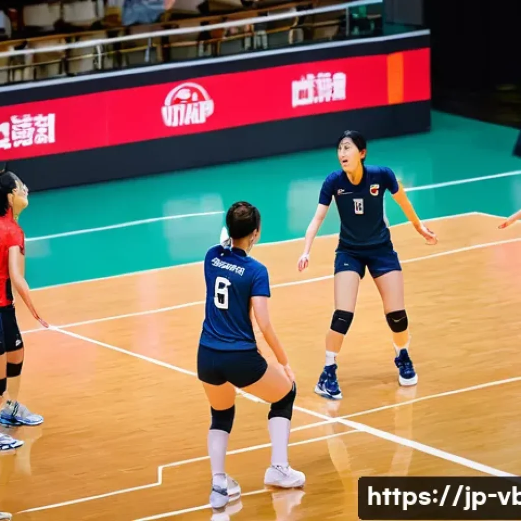 배구 경기에서 승리를 위한 팁 - A dynamic volleyball match scene focusing on team communication and coordination: several Japanese v...