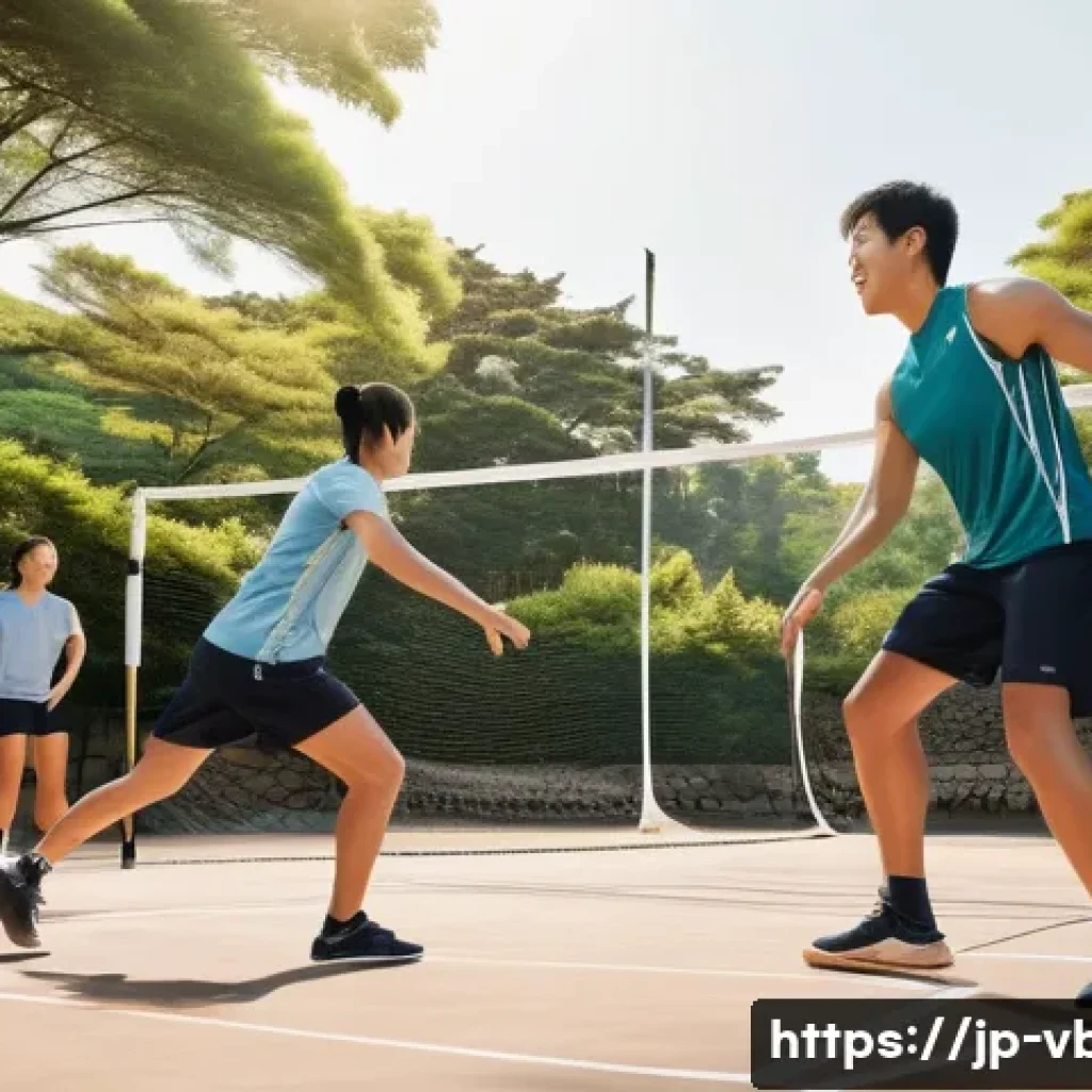 배구 캠프 참가 팁 - A dynamic volleyball warm-up scene at an outdoor camp in Japan, featuring young Japanese athletes we...