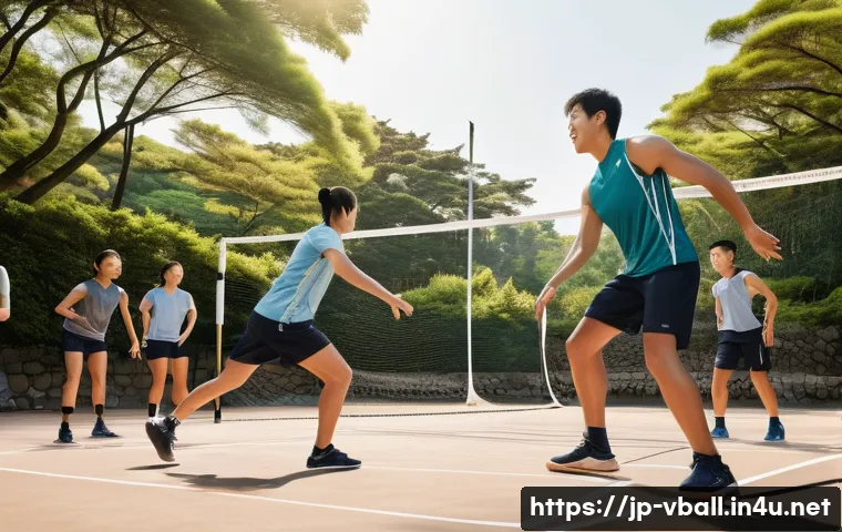배구 캠프 참가 팁 - A dynamic volleyball warm-up scene at an outdoor camp in Japan, featuring young Japanese athletes we...