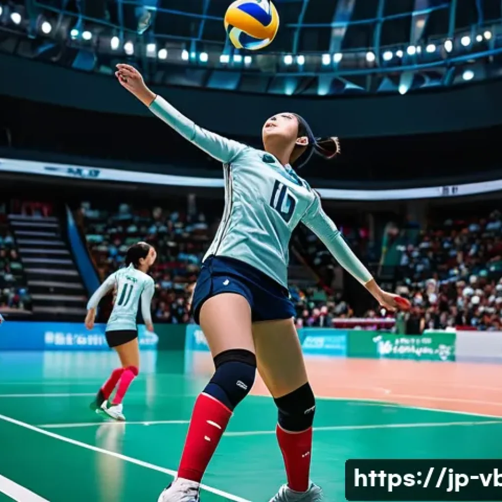 배구 리그에 관한 기본 정보 - A dynamic volleyball match scene in a modern indoor stadium filled with energetic Japanese fans, foc...