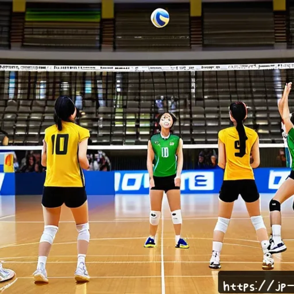 배구 입문자를 위한 FAQ - A vibrant volleyball match scene featuring two teams of young Japanese players wearing colorful spor...