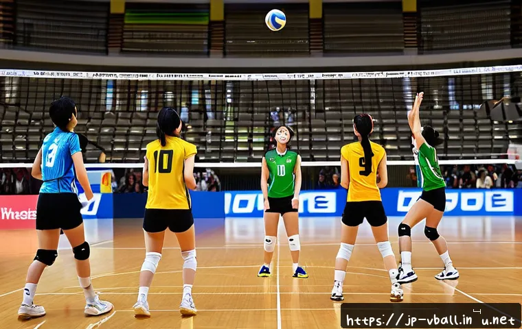 배구 입문자를 위한 FAQ - A vibrant volleyball match scene featuring two teams of young Japanese players wearing colorful spor...