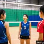 배구 관련 다큐멘터리 추천 - A dynamic scene of a volleyball practice session inside a modern gymnasium with young Japanese playe...