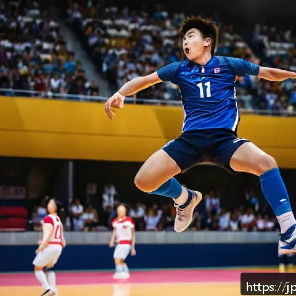 배구 국제 대회 일정 - A dynamic volleyball scene featuring a young Japanese outside hitter named Taro Yamada, wearing a mo...