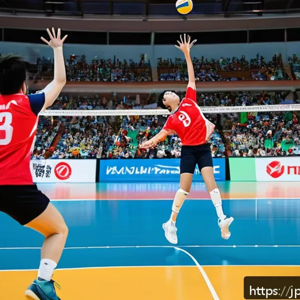 배구 경기 관람 후 소감 작성 - A dynamic indoor volleyball match scene capturing the intense moment of a powerful spike, with playe...