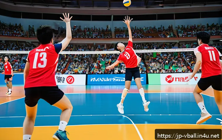 배구 경기 관람 후 소감 작성 - A dynamic indoor volleyball match scene capturing the intense moment of a powerful spike, with playe...